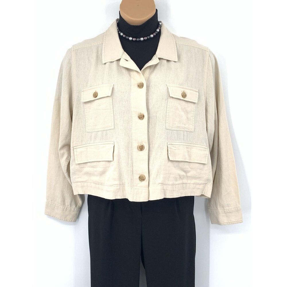 Lucky Brand Ivory Cropped Utility Linen Blend Women's Jacket w/ Pockets Size XL - Picture 2 of 11